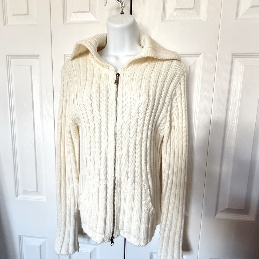 Zip-Front CARDIGAN SWEATER Size XL* Long Sleeve Ribbed Cream Color Comfy Warm